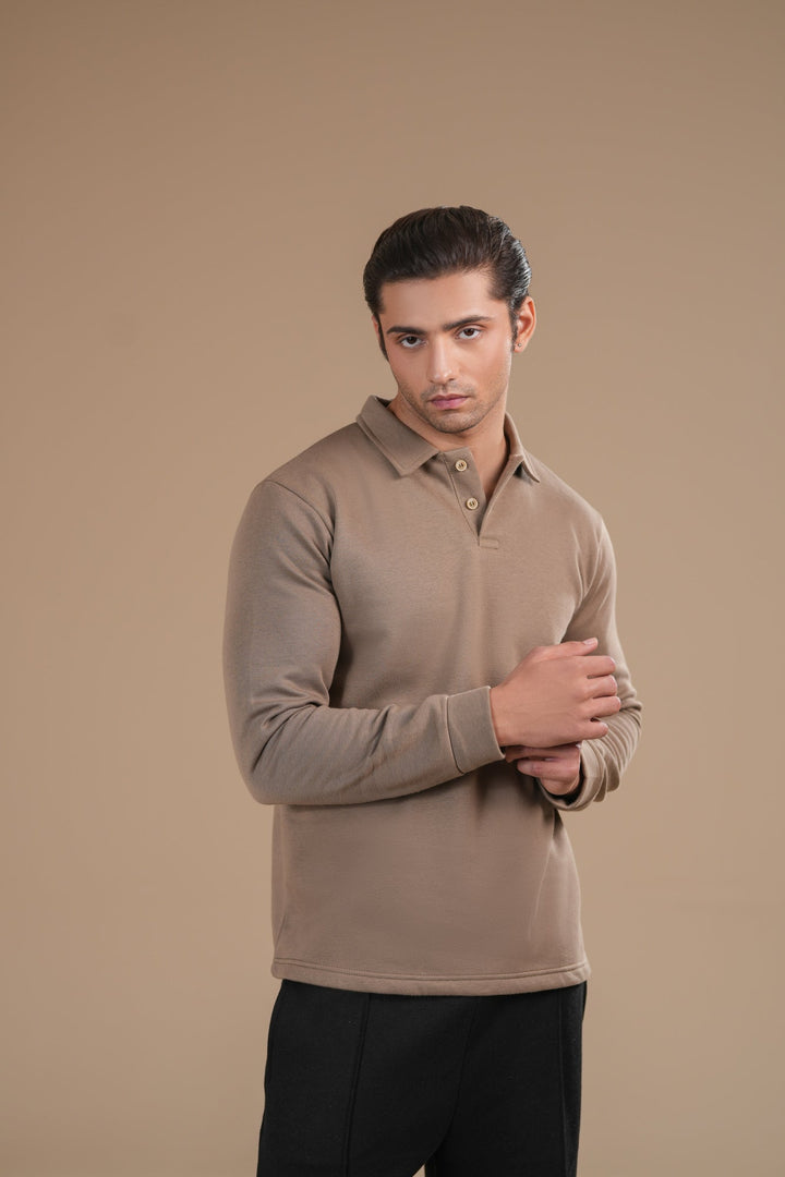 Muraqsh Ready To Wear Solids Fleece Men Beige Fleece Polo Full Sleeves ABD-BFP-F - Summer Collection