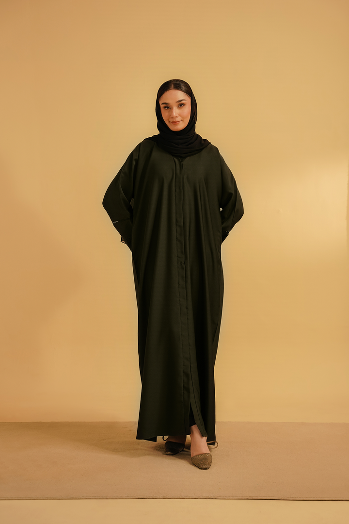 Divinely Crafted Abaya Casual Crepe 1 Piece Basic Pleat Abaya | Dark Green