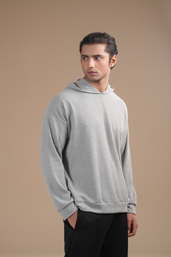 Muraqsh Ready To Wear Solids Cotton Men Grey Waffle Pullover Hoodie Relaxed Fit ABD-GWPH - Summer Collection