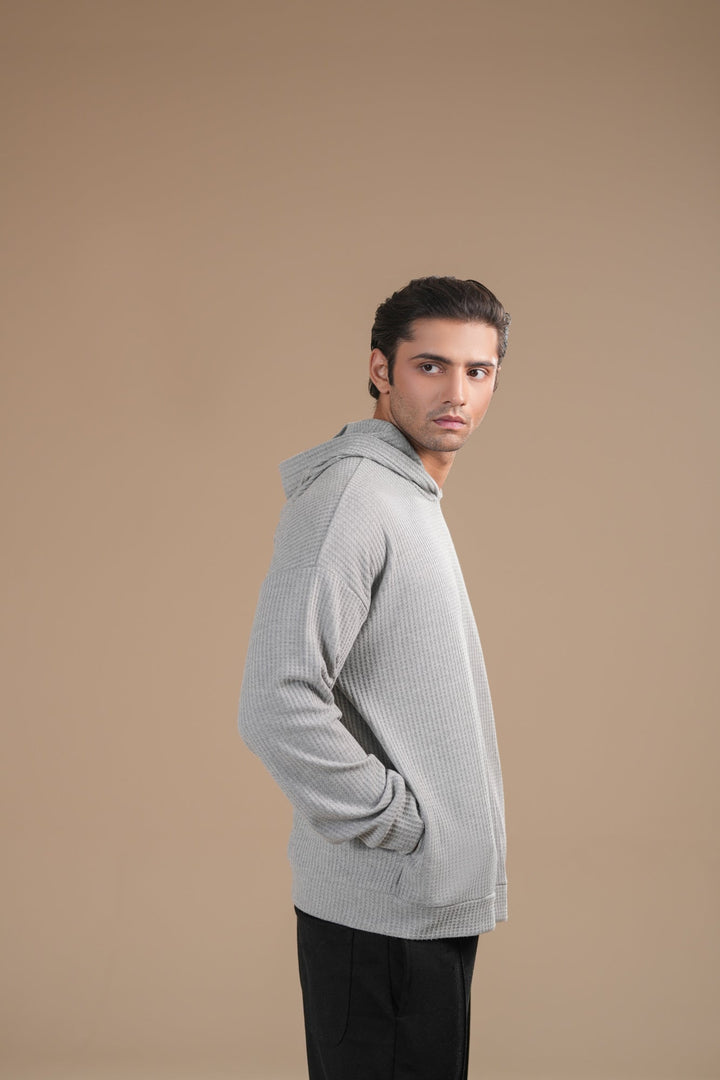 Muraqsh Ready To Wear Solids Cotton Men Grey Waffle Pullover Hoodie Relaxed Fit ABD-GWPH - Summer Collection