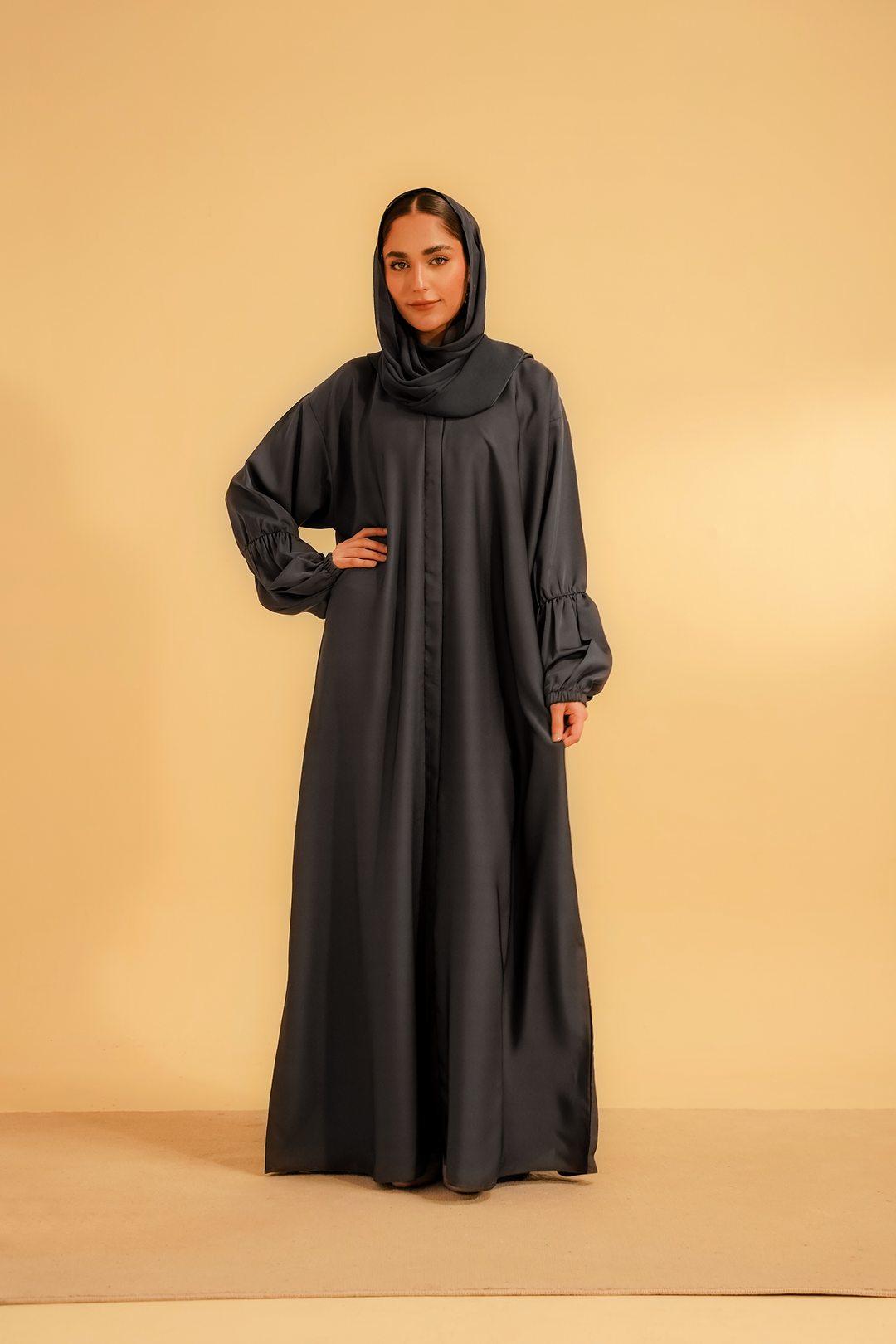 Divinely Crafted Abaya Casual Crepe 1 Piece Basic Gathered Sleeves Abaya | Grey