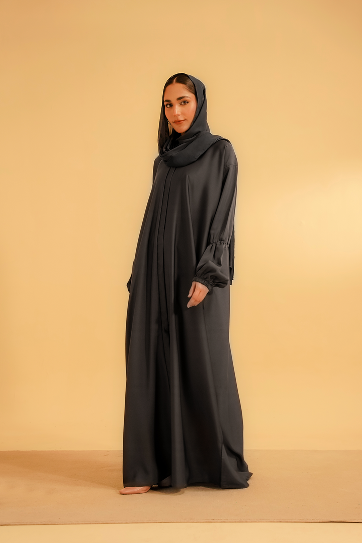 Divinely Crafted Abaya Casual Crepe 1 Piece Basic Gathered Sleeves Abaya | Grey