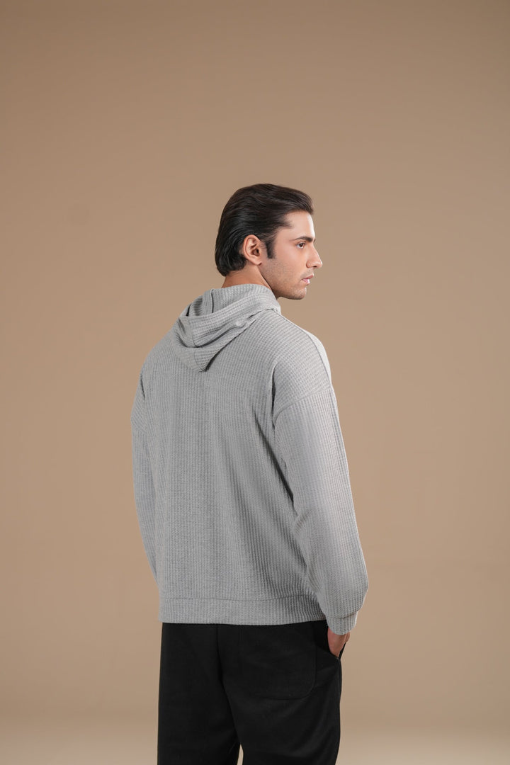 Muraqsh Ready To Wear Solids Cotton Men Grey Waffle Pullover Hoodie Relaxed Fit ABD-GWPH - Summer Collection