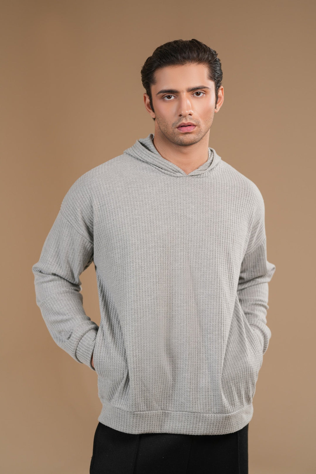 Muraqsh Ready To Wear Solids Cotton Men Grey Waffle Pullover Hoodie Relaxed Fit ABD-GWPH - Summer Collection