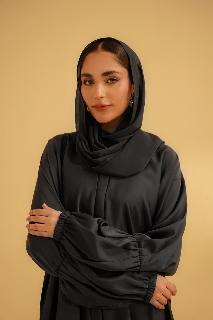 Divinely Crafted Abaya Casual Crepe 1 Piece Basic Gathered Sleeves Abaya | Grey