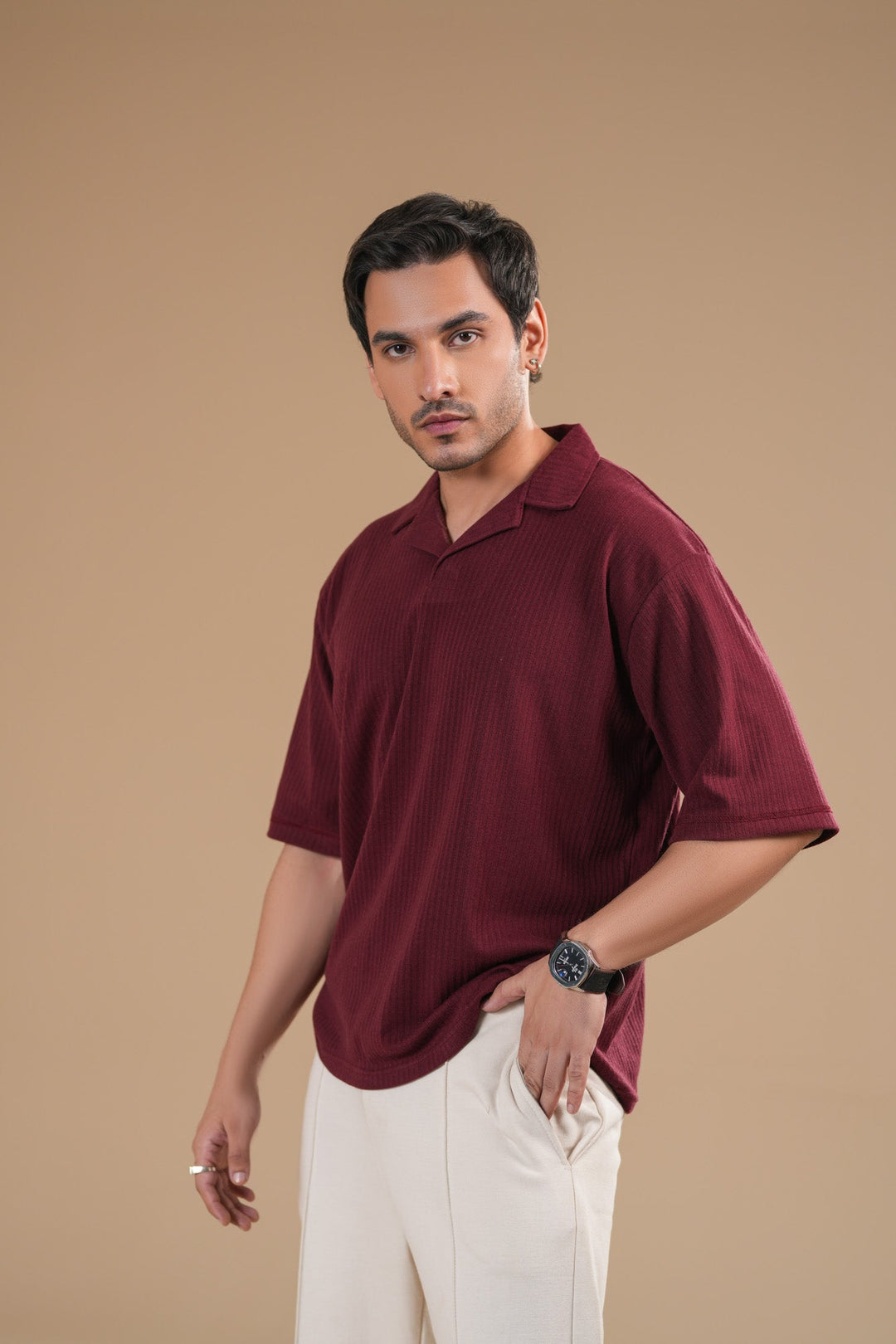 Muraqsh Ready To Wear Solids Cotton Men Maroon Ribbed Boxy Revere Polo ABDRBRP - Summer Collection