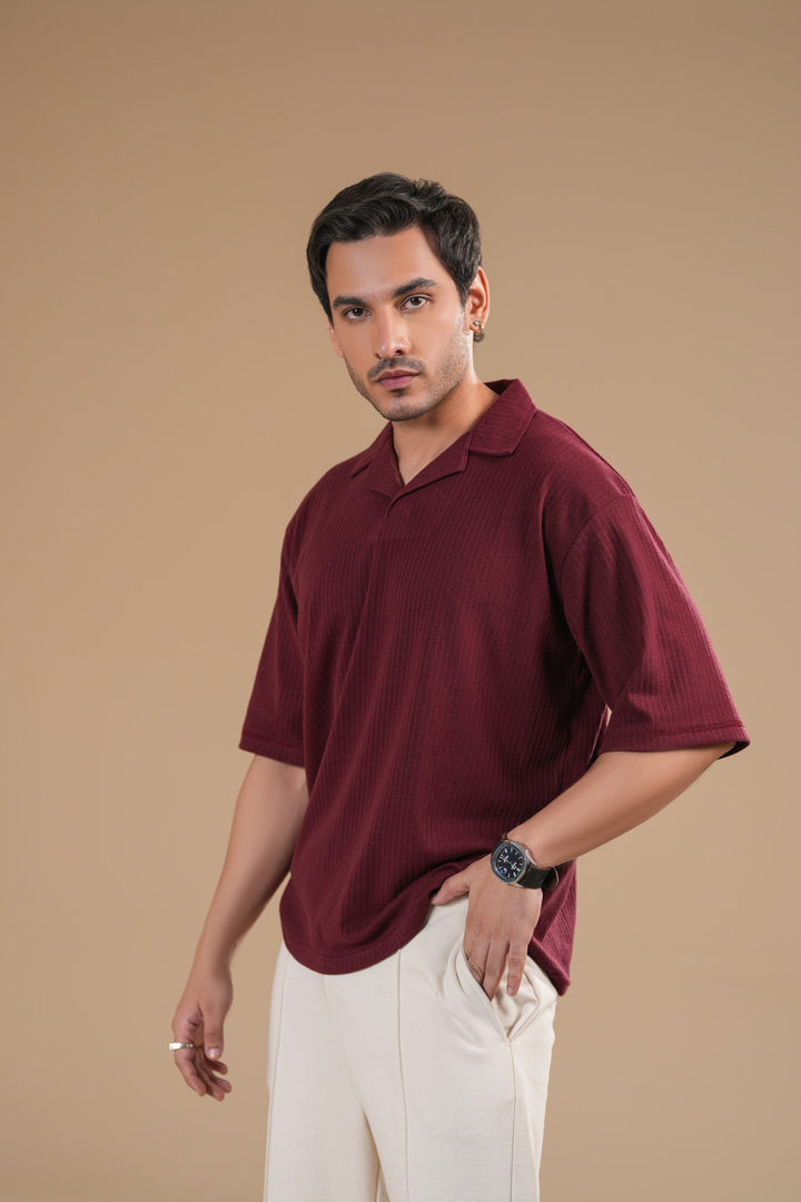 Muraqsh Ready To Wear Solids Cotton Men Maroon Ribbed Boxy Revere Polo ABDRBRP - Summer Collection