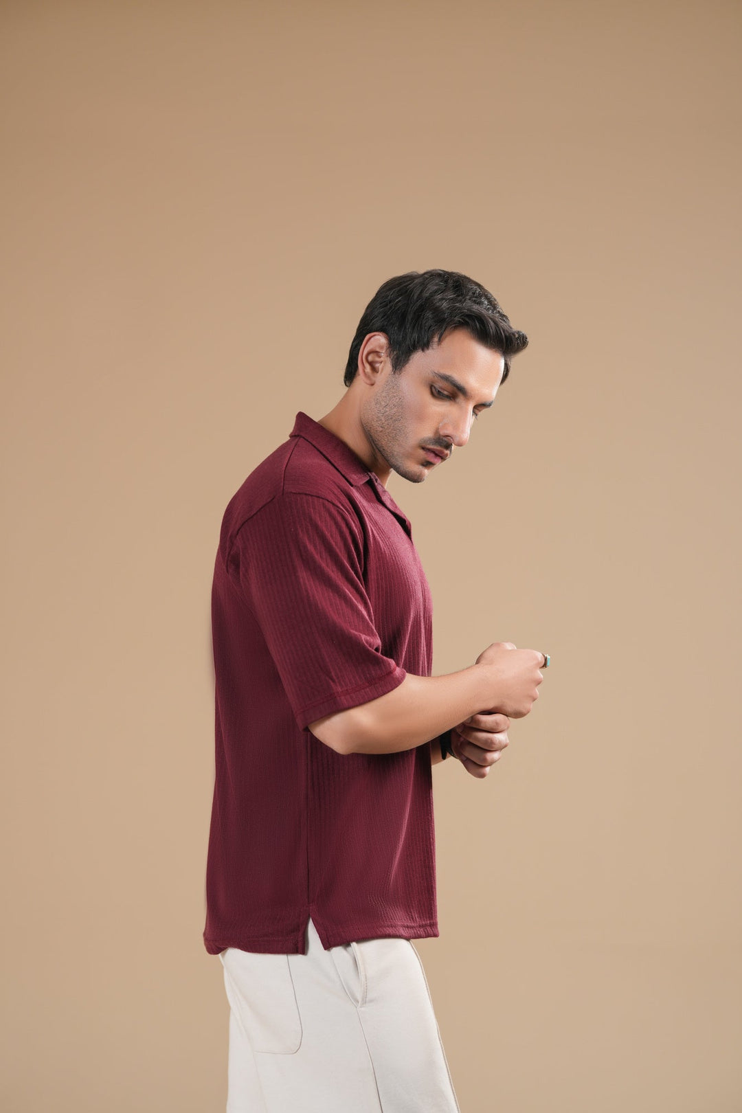 Muraqsh Ready To Wear Solids Cotton Men Maroon Ribbed Boxy Revere Polo ABDRBRP - Summer Collection
