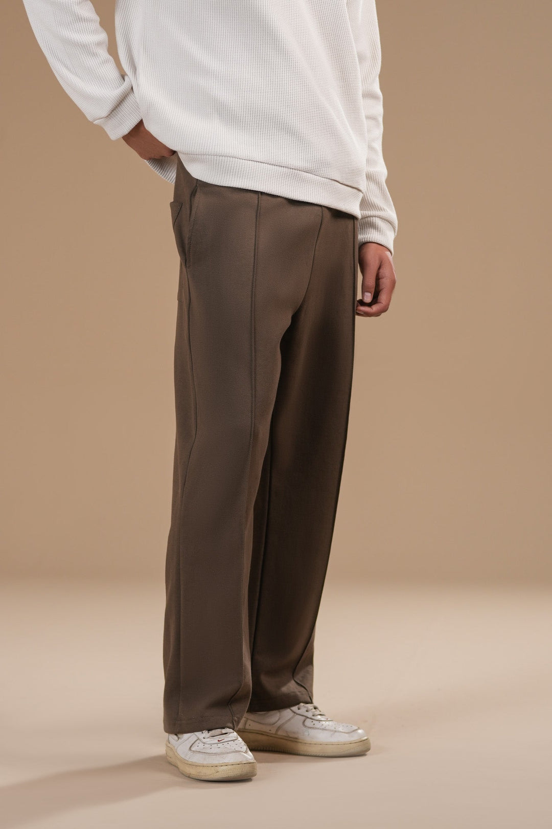 Muraqsh Ready To Wear Solids Cotton Men Brown Interlock Straight Fit Trouser with Drawstring ABD-BISFT - Summer Collection