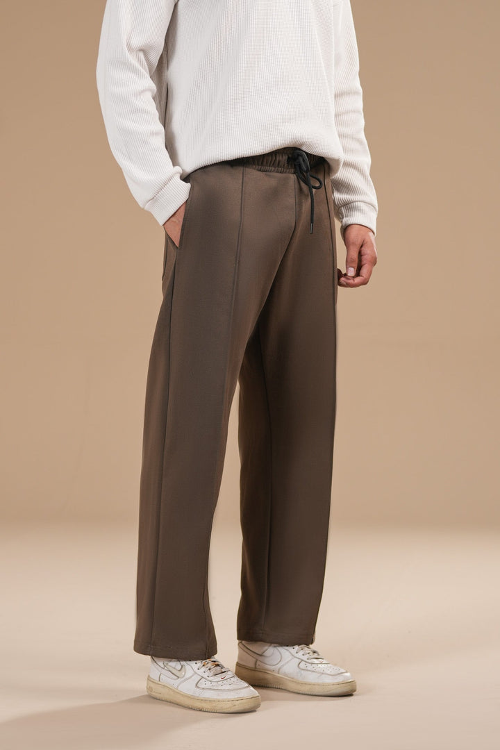 Muraqsh Ready To Wear Solids Cotton Men Brown Interlock Straight Fit Trouser with Drawstring ABD-BISFT - Summer Collection