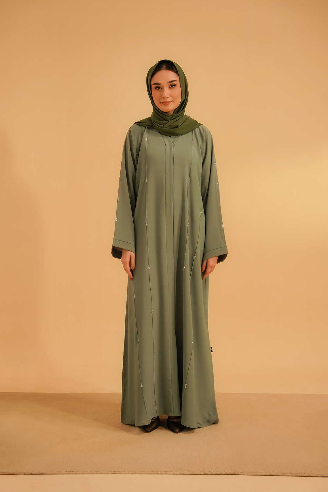 Divinely Crafted Abaya Casual Crepe 1 Piece Embellished Abaya | Sage Green