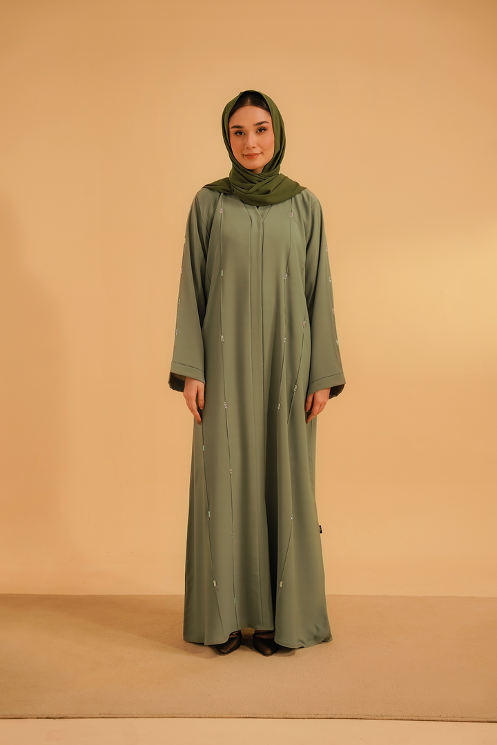 Divinely Crafted Abaya Casual Crepe 1 Piece Embellished Abaya | Sage Green
