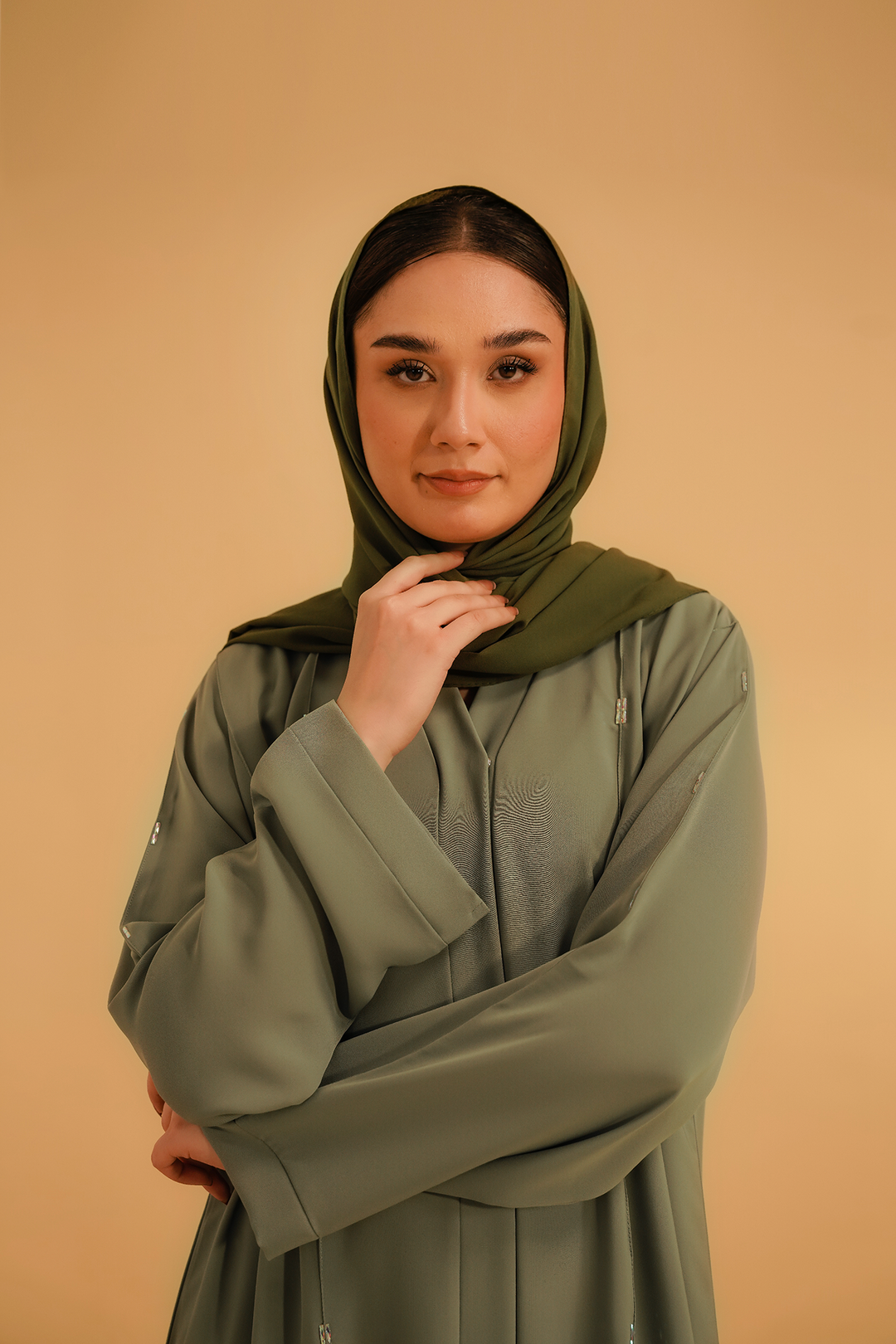 Divinely Crafted Abaya Casual Crepe 1 Piece Embellished Abaya | Sage Green