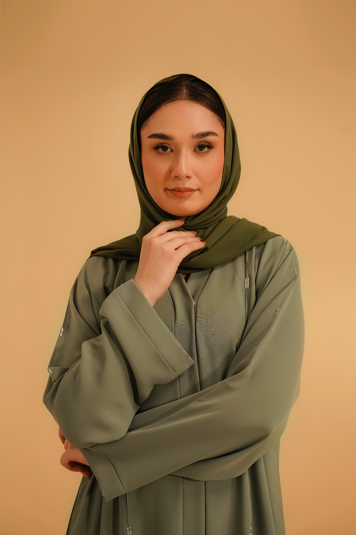 Divinely Crafted Abaya Casual Crepe 1 Piece Embellished Abaya | Sage Green