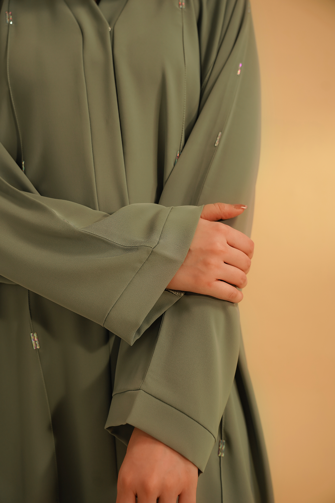 Divinely Crafted Abaya Casual Crepe 1 Piece Embellished Abaya | Sage Green