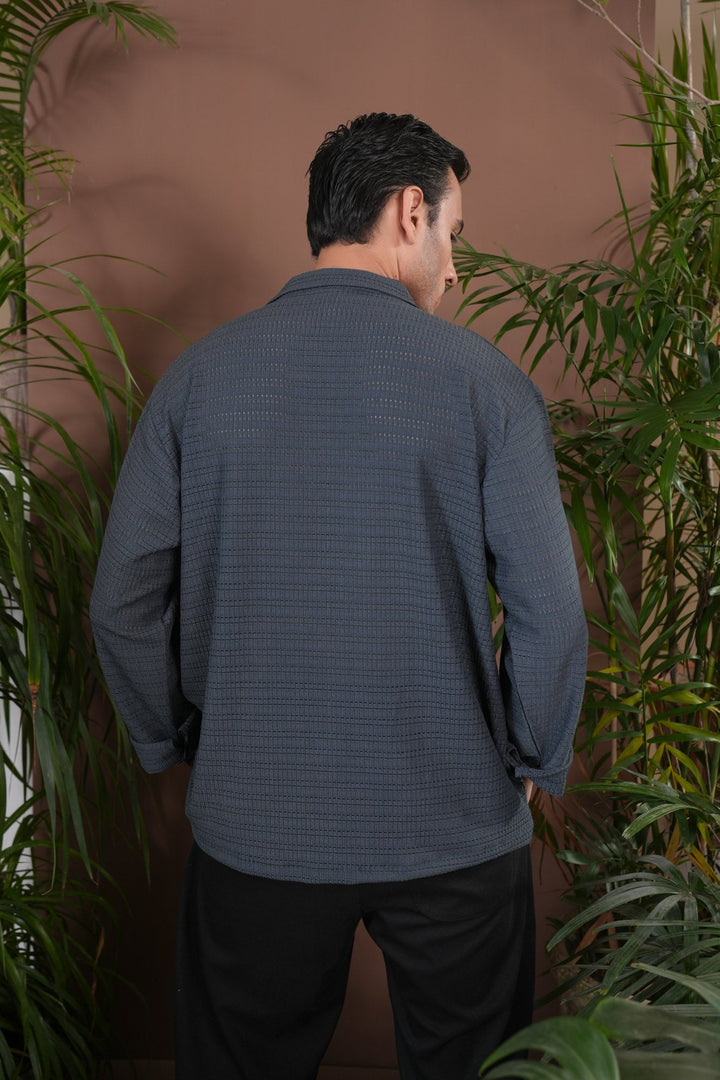 Muraqsh Ready To Wear Solids Jacquard Men Bluish Grey Revere Button Shirt ABD-BGJKR - Winter Collection