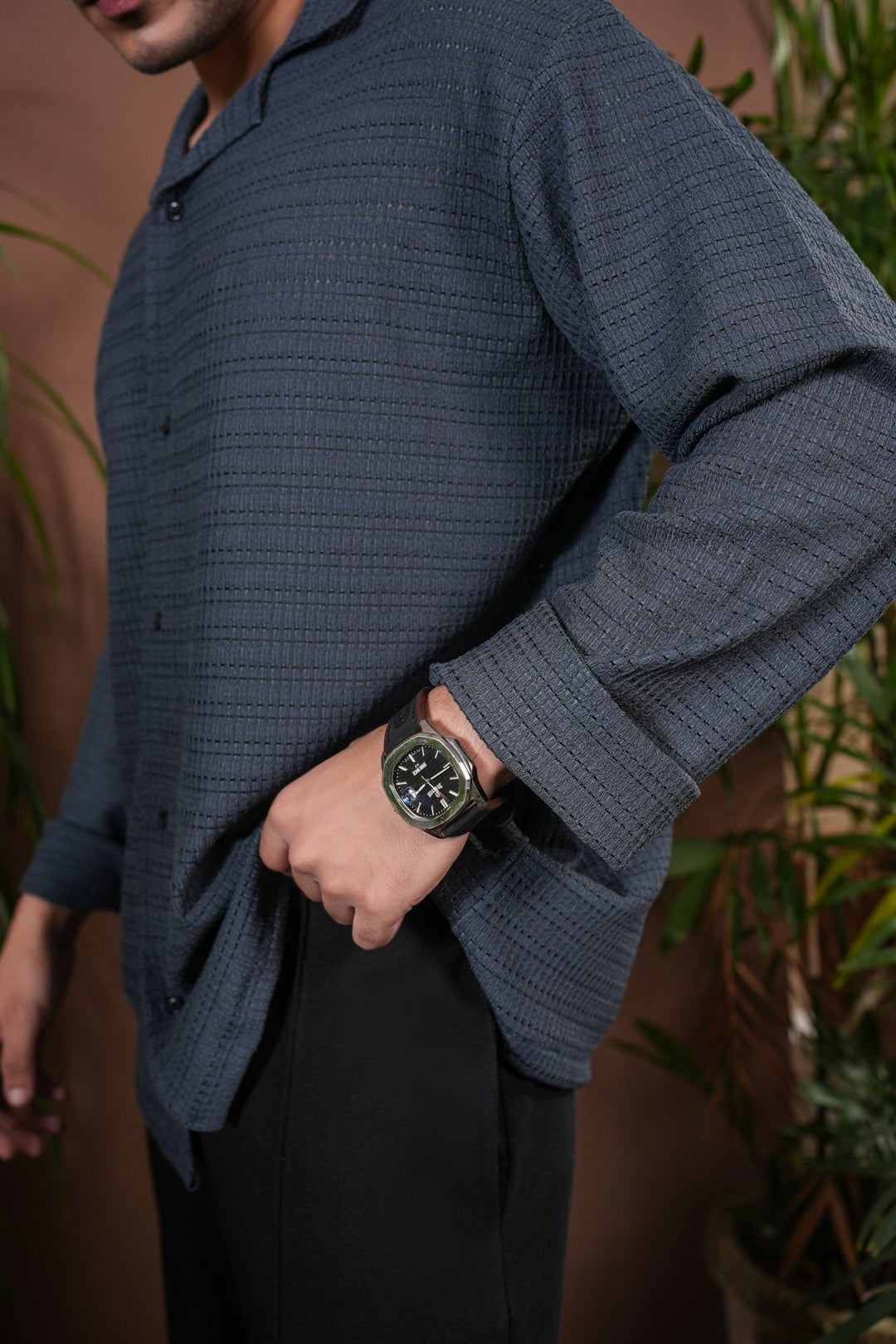 Muraqsh Ready To Wear Solids Jacquard Men Bluish Grey Revere Button Shirt ABD-BGJKR - Winter Collection