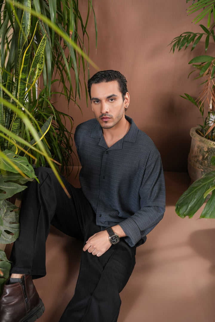 Muraqsh Ready To Wear Solids Jacquard Men Bluish Grey Revere Button Shirt ABD-BGJKR - Winter Collection
