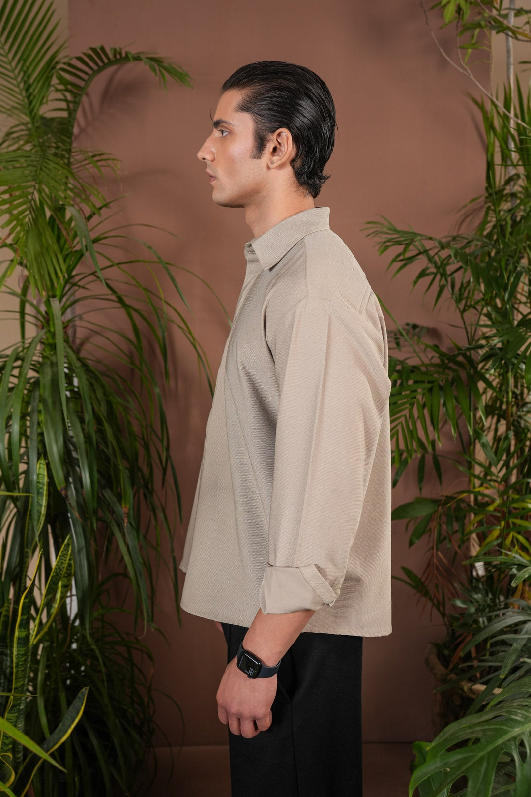 Muraqsh Ready To Wear Solids Poplin Men Beige Honeycomb Interlock Poplin Shirt ABD-BHIPS - Summer Collection
