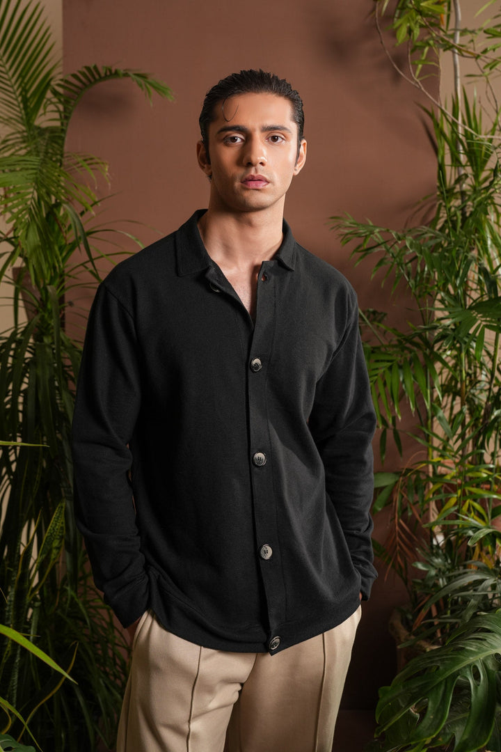 Muraqsh Ready To Wear Solids Cotton Men Black Polo Collar Cardigan ABD-BPCC - Winter Collection