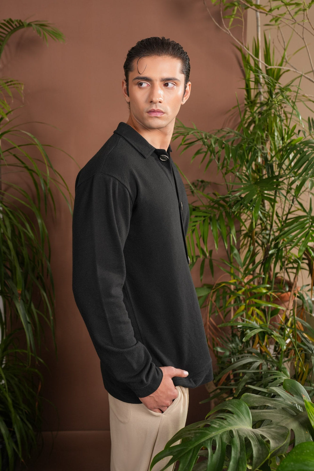 Muraqsh Ready To Wear Solids Cotton Men Black Polo Collar Cardigan ABD-BPCC - Winter Collection