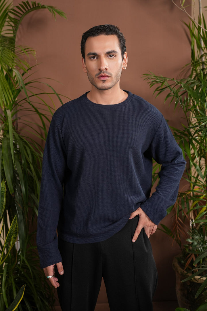 Muraqsh Ready To Wear Solids Waffle Men Navy Blue Knit Sweat Shirt Relaxed Fit ABD-NBWKS - Summer Collection
