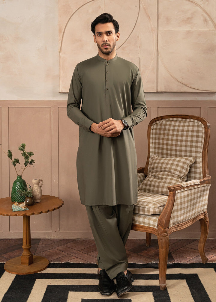 Riwayat by Buraq Mens RTW Solids Cotton 2 Piece Suit Olive Green Casual Collection