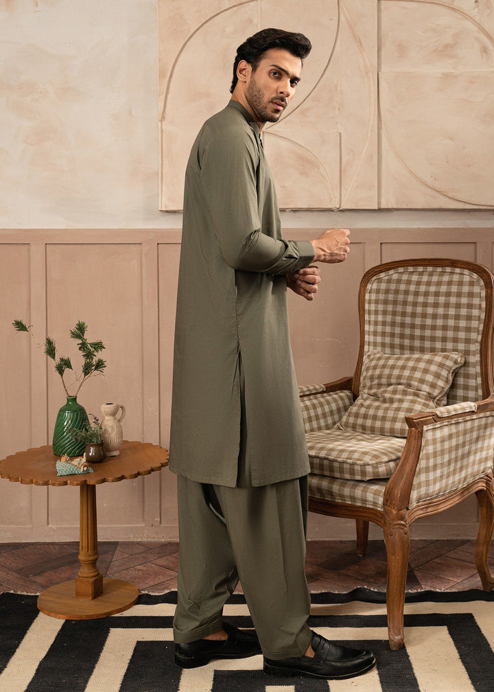 Riwayat by Buraq Mens RTW Solids Cotton 2 Piece Suit Olive Green Casual Collection