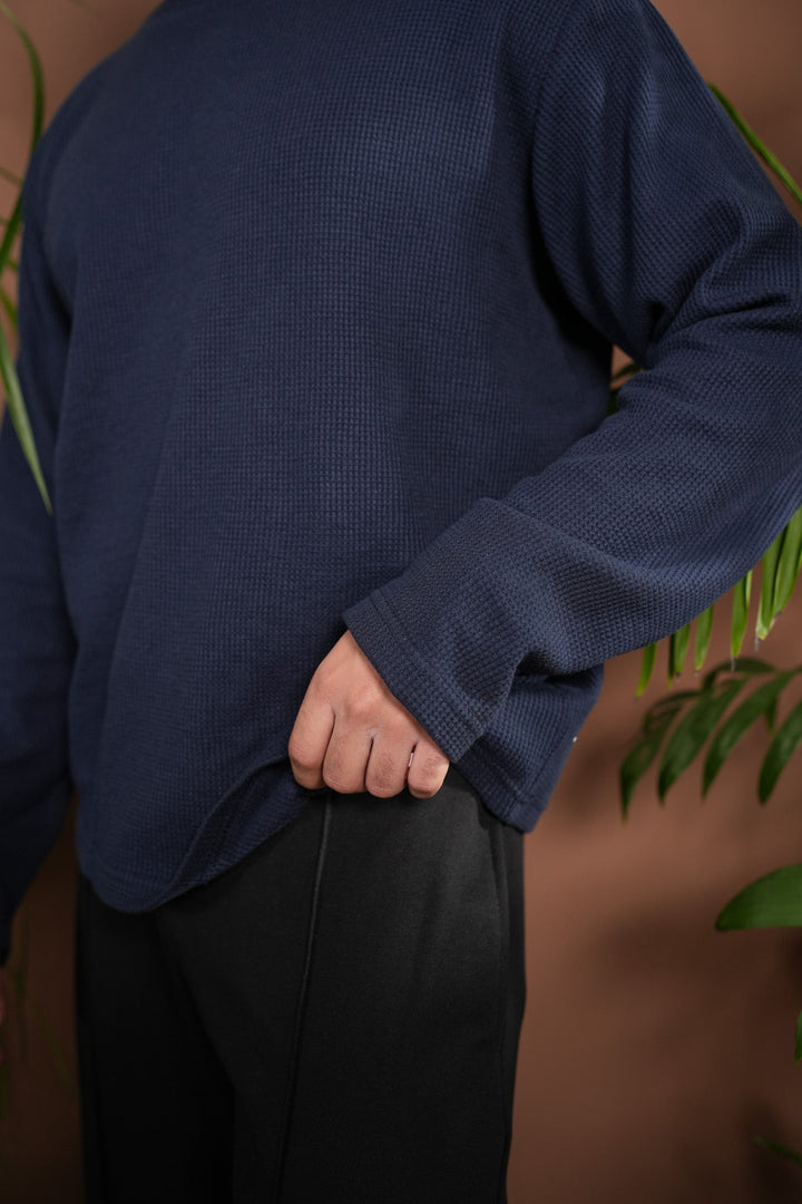 Muraqsh Ready To Wear Solids Waffle Men Navy Blue Knit Sweat Shirt Relaxed Fit ABD-NBWKS - Summer Collection