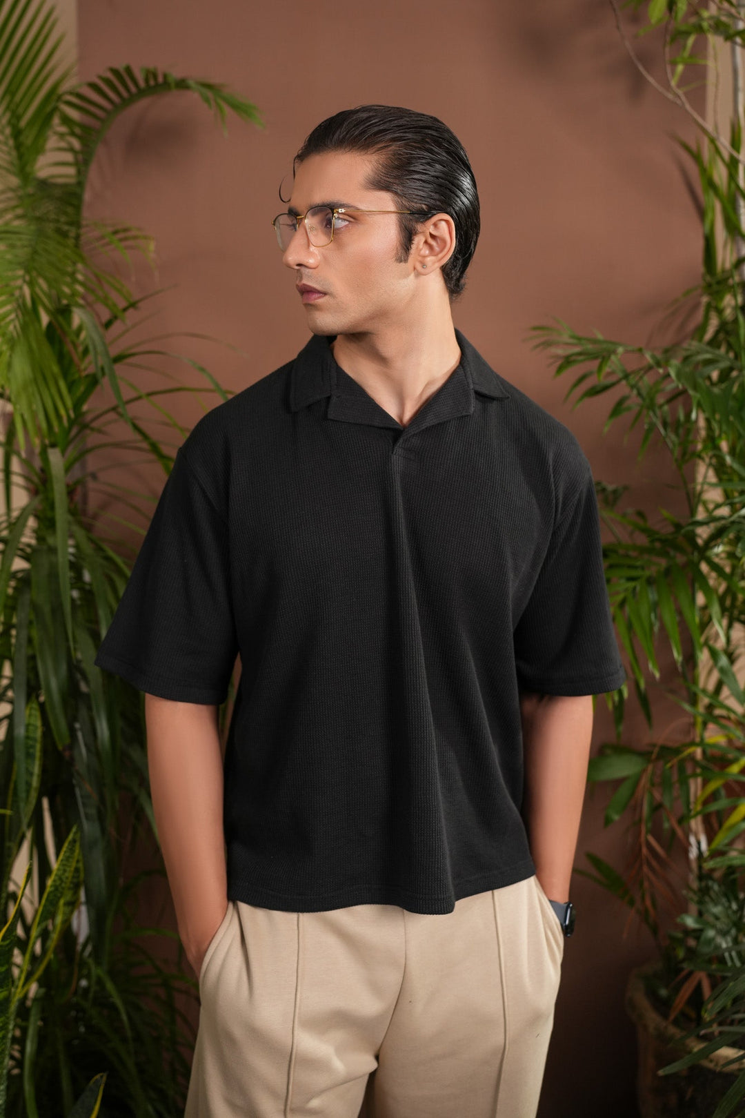 Muraqsh Ready To Wear Solids Waffle Men Black Boxy Revere Polo ABD-BBWRP - Summer Collection