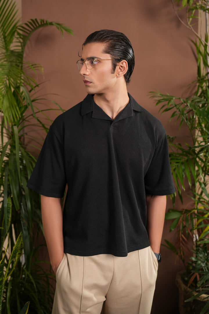 Muraqsh Ready To Wear Solids Waffle Men Black Boxy Revere Polo ABD-BBWRP - Summer Collection