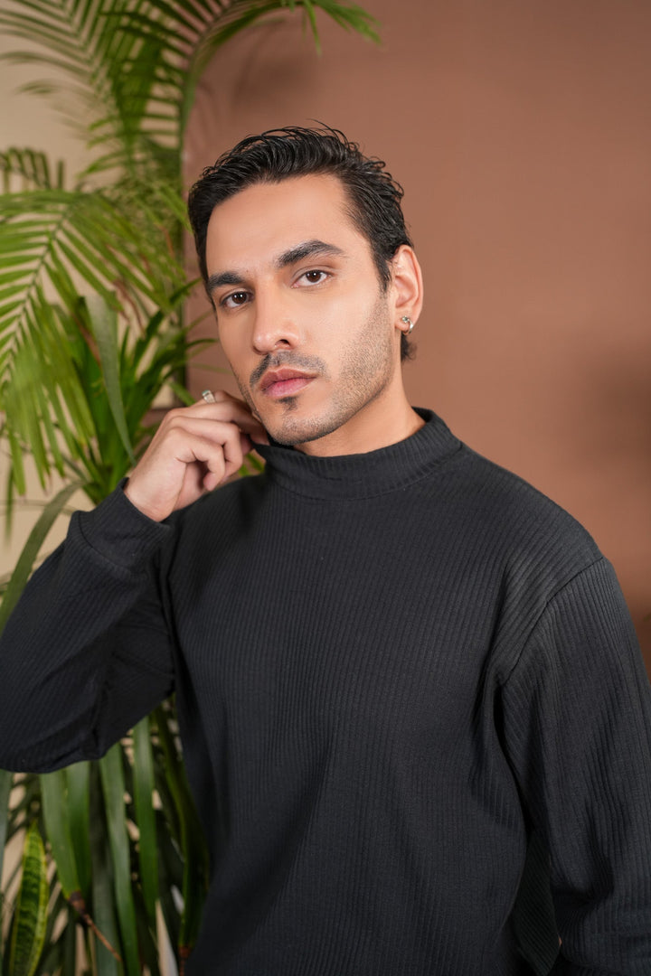 Muraqsh Ready To Wear Solids Cotton Men Ribbed Black Mock Neck Relaxed Fit ABD-BRMN - Summer Collection