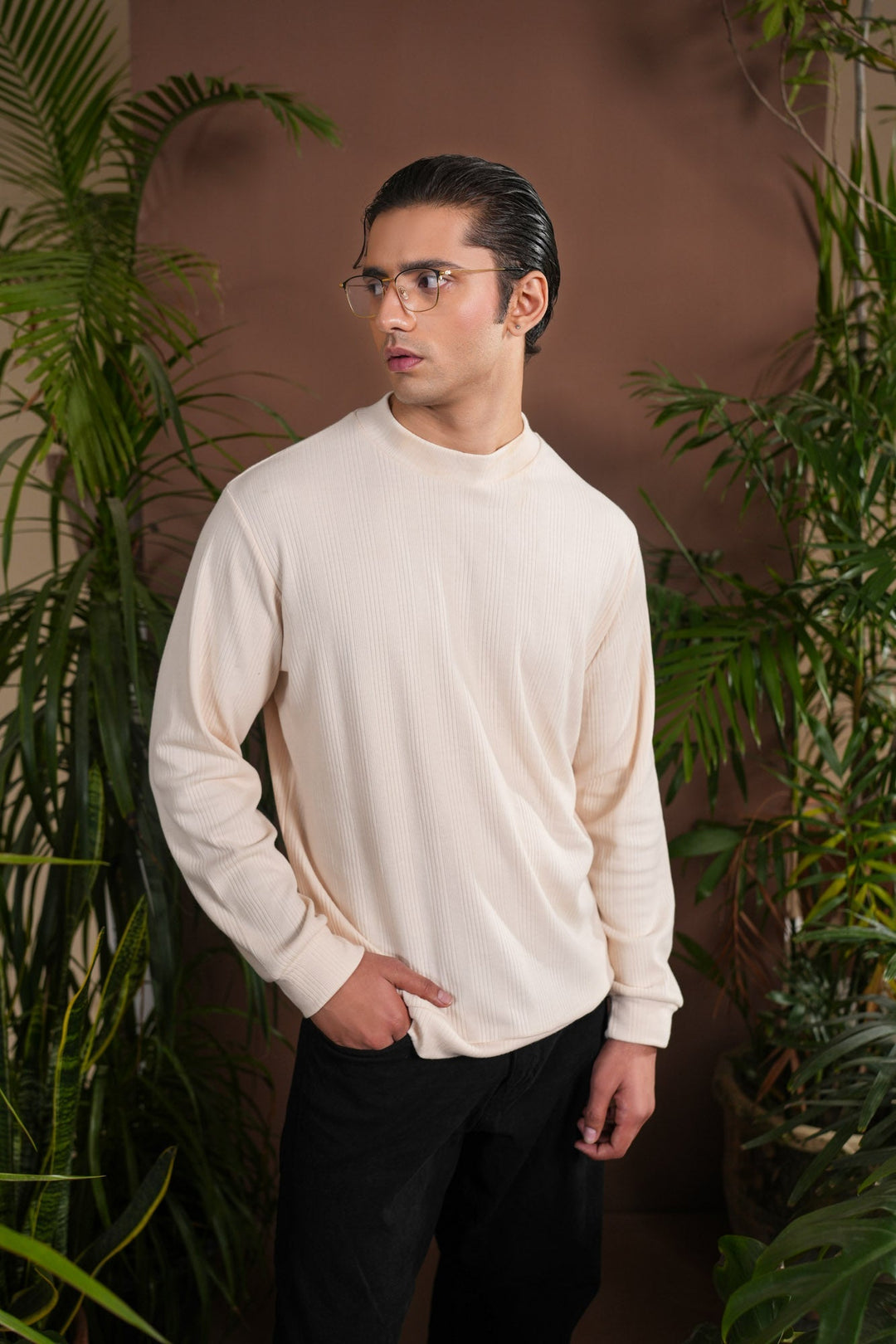 Muraqsh Ready To Wear Solids Cotton Men Ribbed White Mock Neck Relaxed Fit ABD-OWRMN - Summer Collection