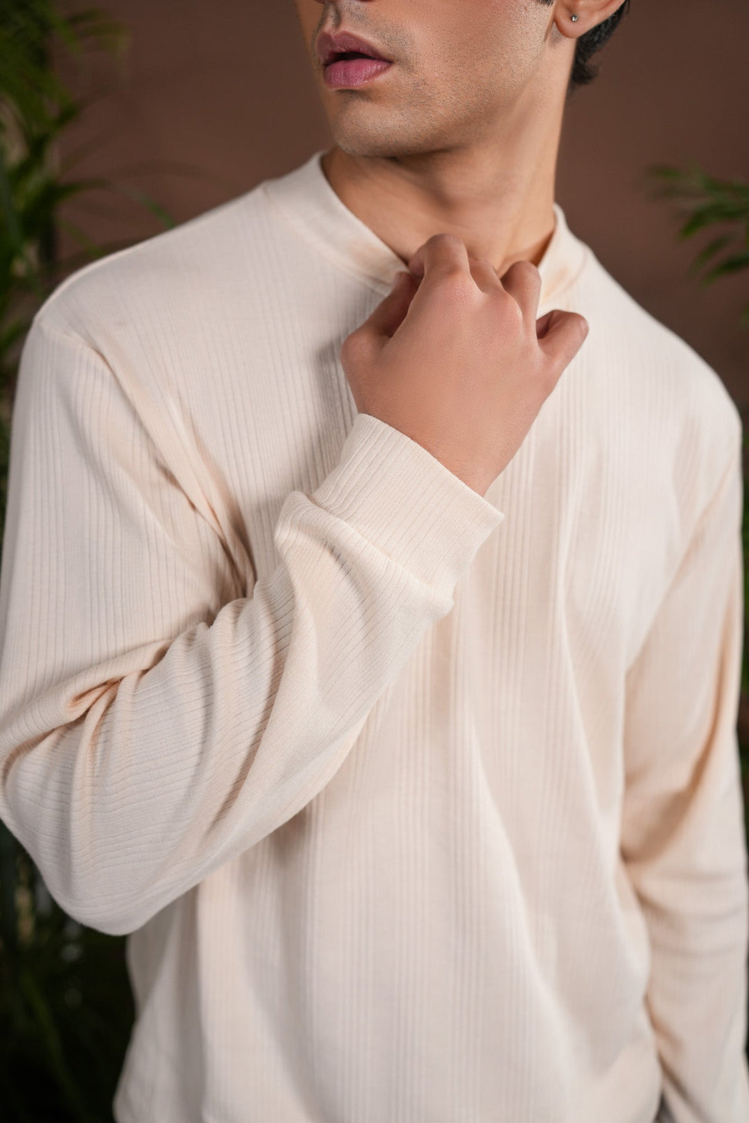 Muraqsh Ready To Wear Solids Cotton Men Ribbed White Mock Neck Relaxed Fit ABD-OWRMN - Summer Collection