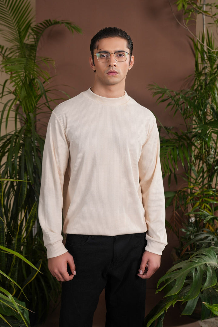 Muraqsh Ready To Wear Solids Cotton Men Ribbed White Mock Neck Relaxed Fit ABD-OWRMN - Summer Collection