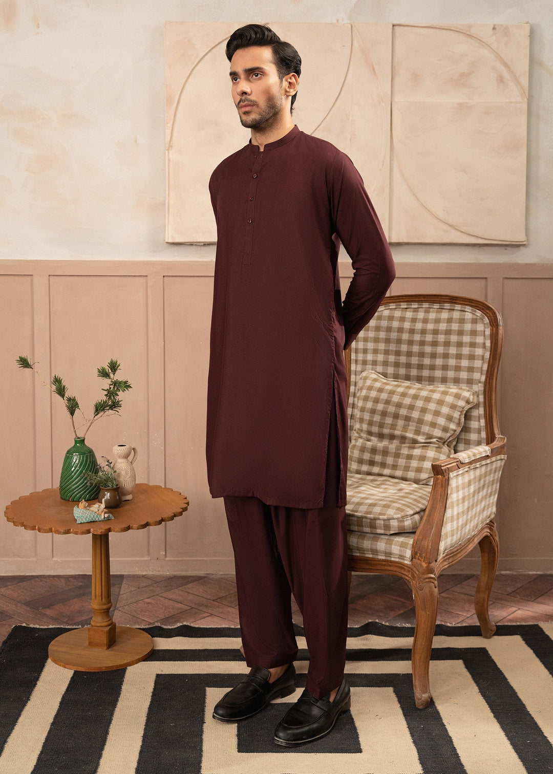 Alif by Buraq Mens RTW Solids Wash N Wear 2 Piece Suit Maroon Ban Casual Collection