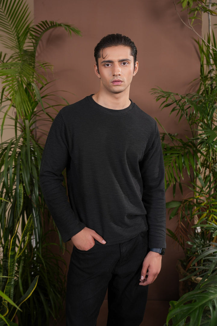 Muraqsh Ready To Wear Solids Waffle Men Black Knit Sweat Shirt Relaxed Fit ABD-BWKSS - Summer Collection