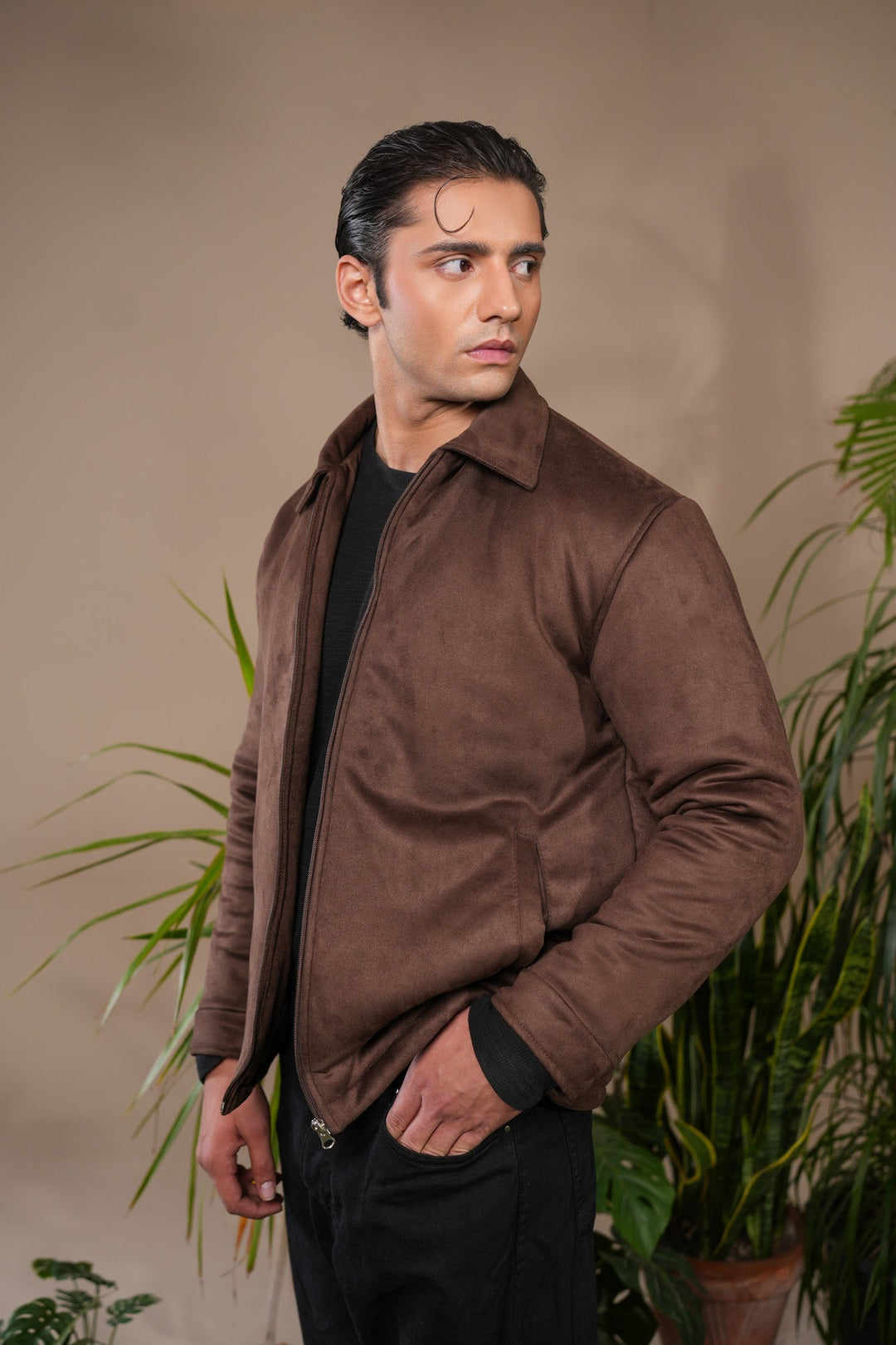 Muraqsh Ready To Wear Solids Suede Men Dark Brown Premium Suede Bomber Jacket ABD-DBPSB - Winter Collection