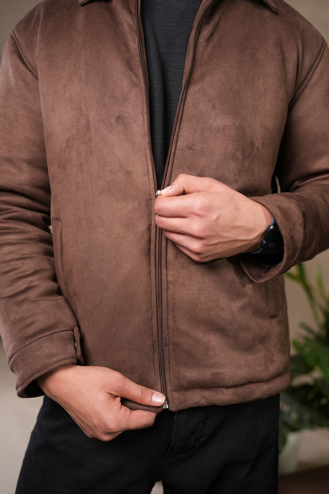 Muraqsh Ready To Wear Solids Suede Men Dark Brown Premium Suede Bomber Jacket ABD-DBPSB - Winter Collection