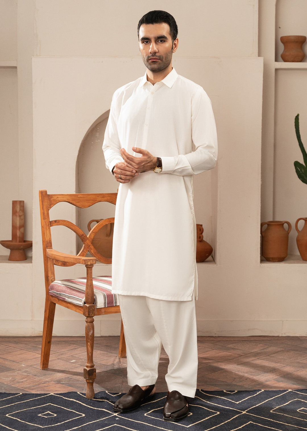 Alif by Buraq Mens RTW Solids Wash N Wear 2 Piece Suit White Collared Casual Collection