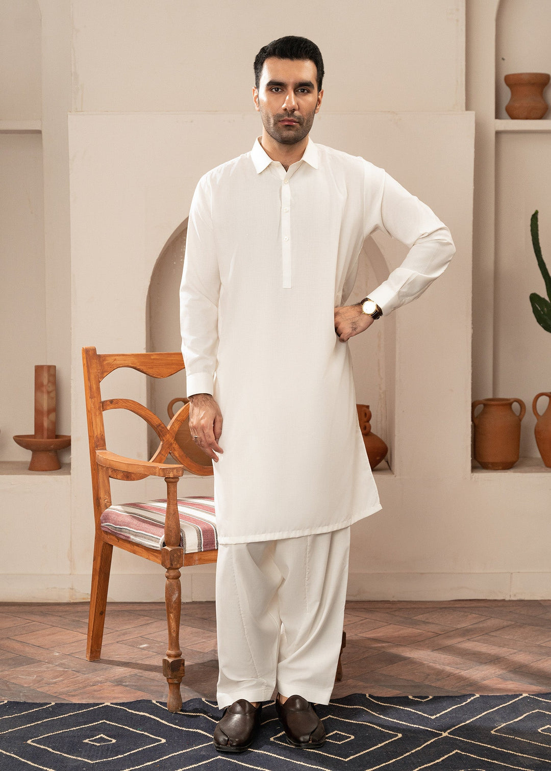 Alif by Buraq Mens RTW Solids Wash N Wear 2 Piece Suit White Collared Casual Collection