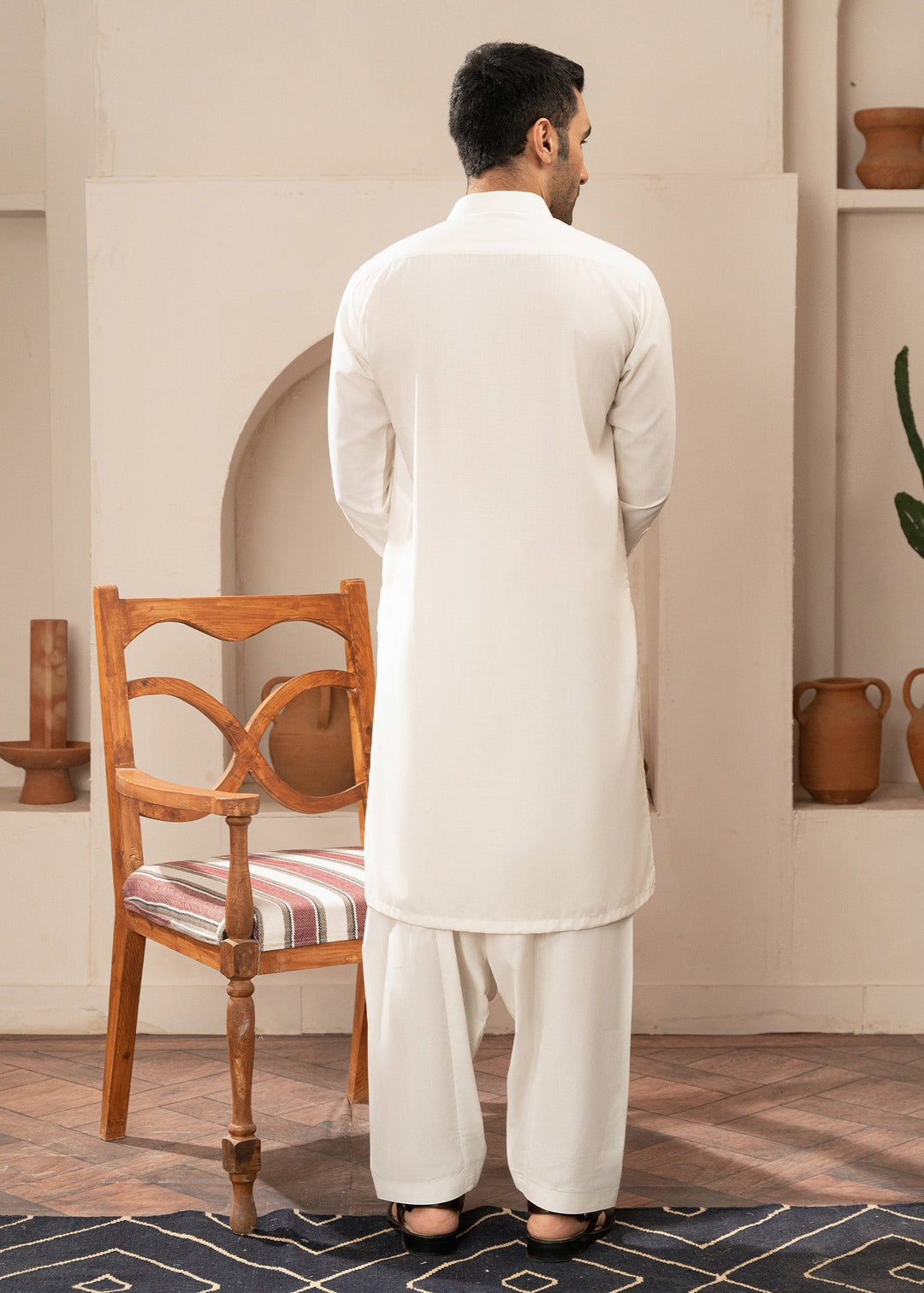 Alif by Buraq Mens RTW Solids Wash N Wear 2 Piece Suit White Collared Casual Collection