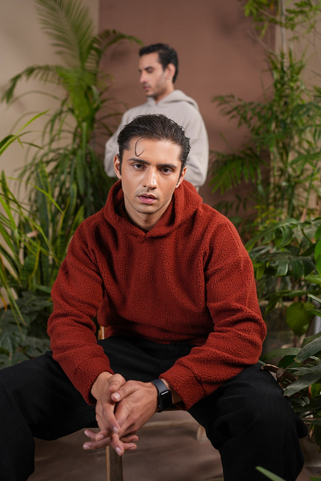 Muraqsh Ready To Wear Solids Fleece Men Rust Sherpa Hoodie Relaxed Fit ABD-RSH-R - Winter Collection