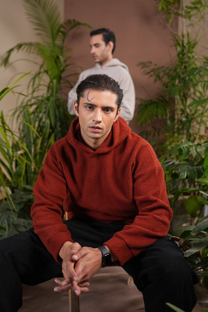 Muraqsh Ready To Wear Solids Fleece Men Rust Sherpa Hoodie Relaxed Fit ABD-RSH-R - Winter Collection