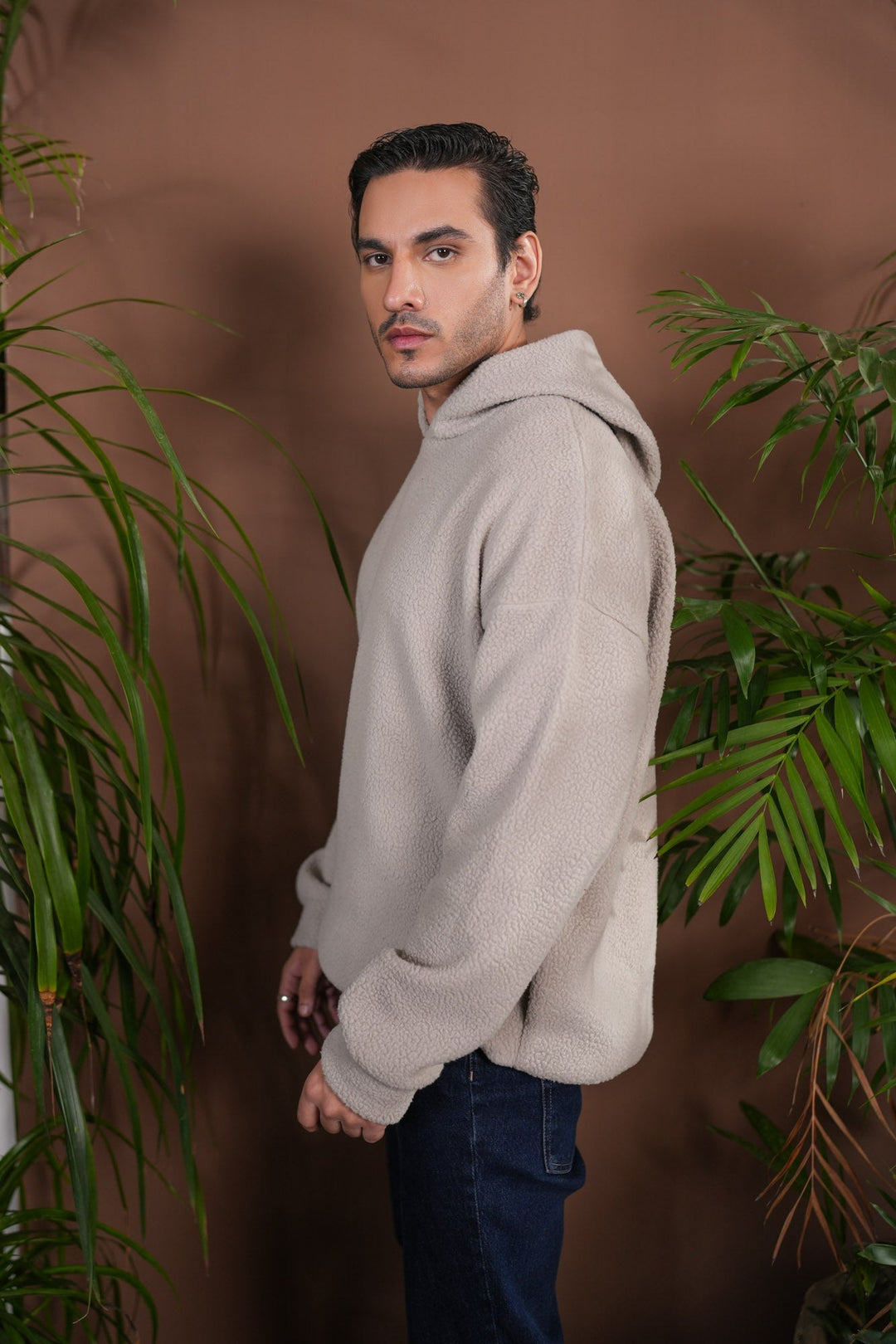 Muraqsh Ready To Wear Solids Fleece Men Beige Sherpa Hoodie Relaxed Fit ABD-BSH-R - Winter Collection