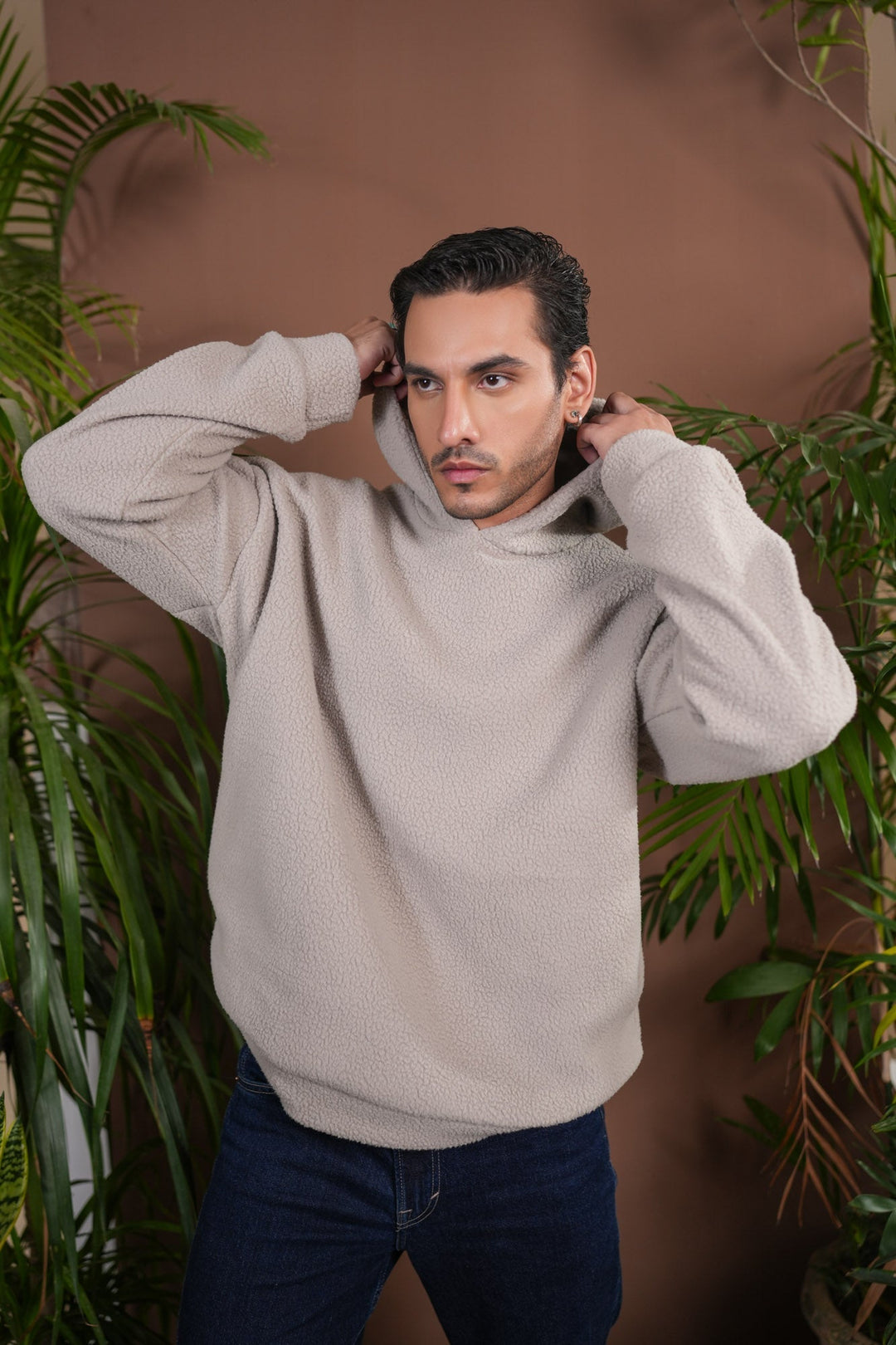 Muraqsh Ready To Wear Solids Fleece Men Beige Sherpa Hoodie Relaxed Fit ABD-BSH-R - Winter Collection