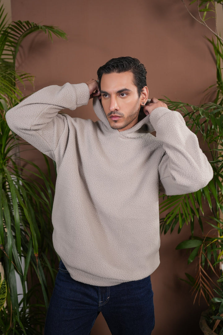 Muraqsh Ready To Wear Solids Fleece Men Beige Sherpa Hoodie Relaxed Fit ABD-BSH-R - Winter Collection