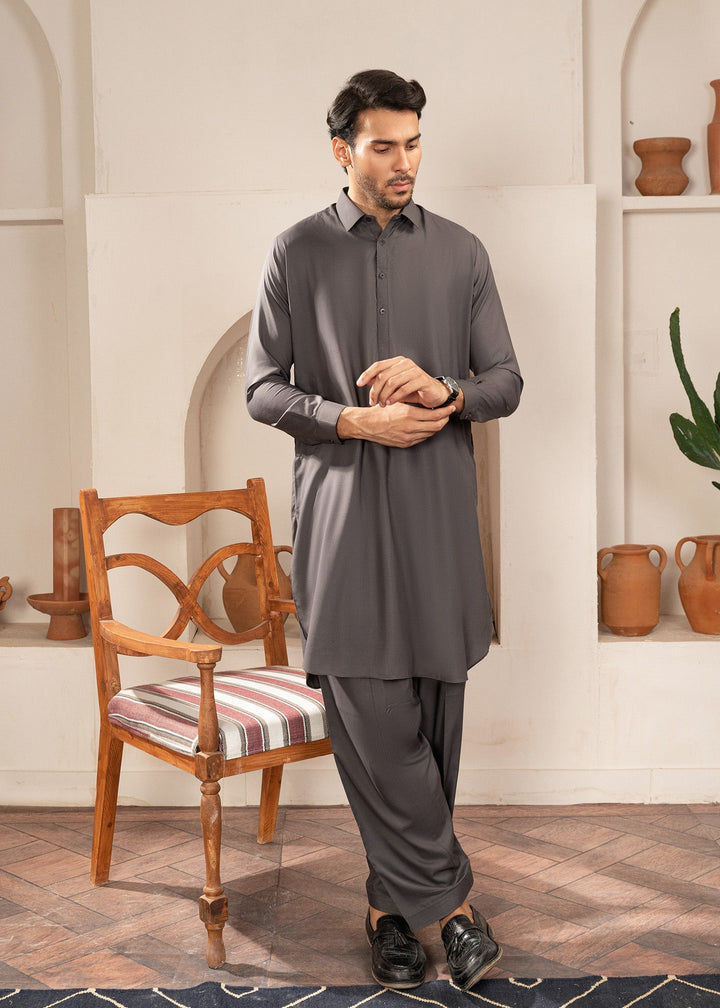 Alif by Buraq Mens RTW Solids Wash N Wear 2 Piece Suit Grey Collared Casual Collection