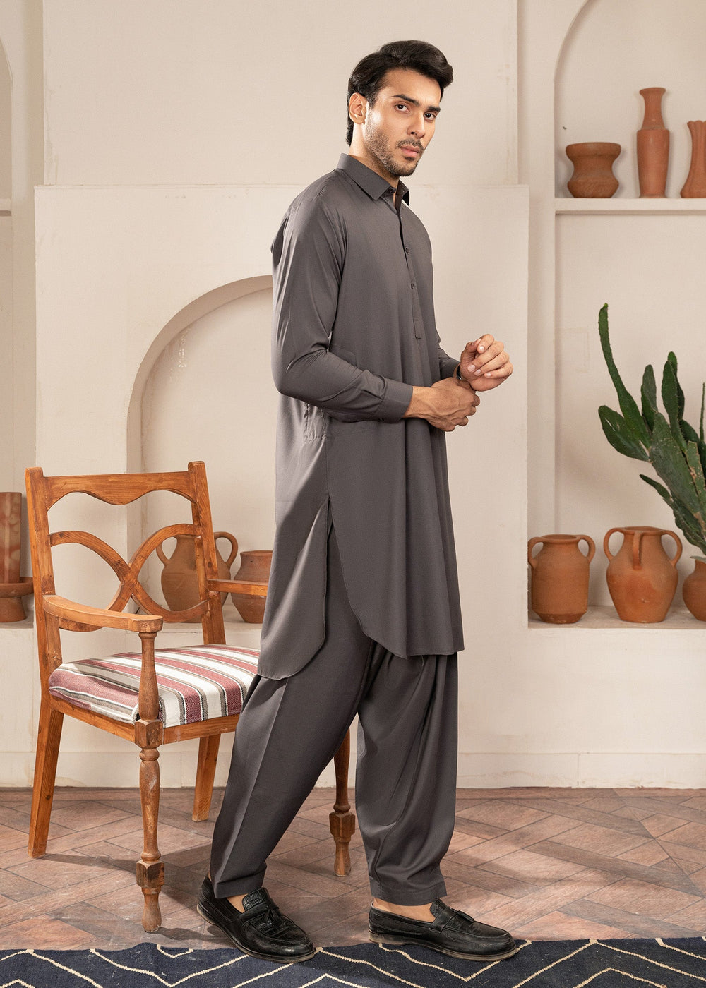 Alif by Buraq Mens RTW Solids Wash N Wear 2 Piece Suit Grey Collared Casual Collection