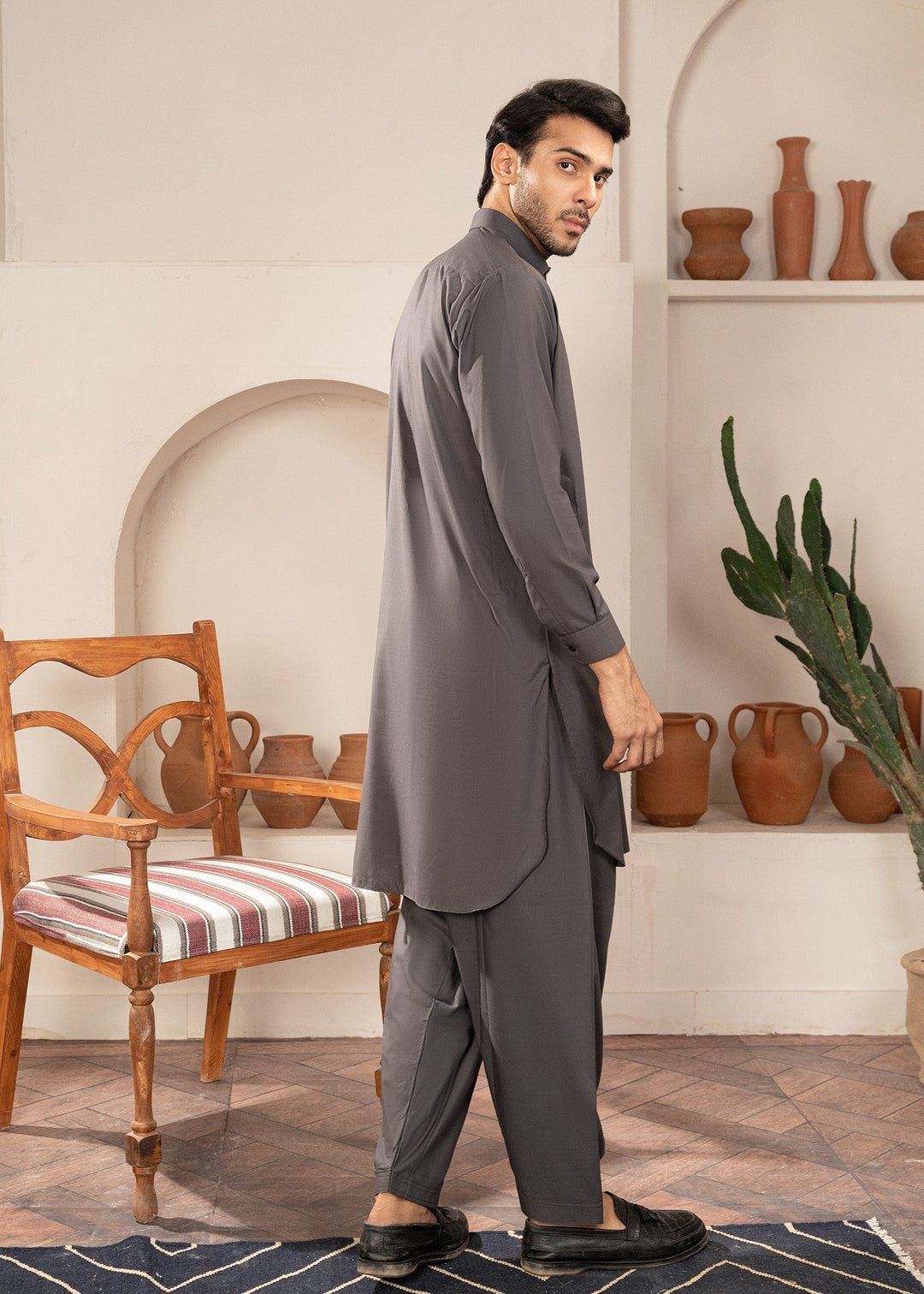 Alif by Buraq Mens RTW Solids Wash N Wear 2 Piece Suit Grey Collared Casual Collection
